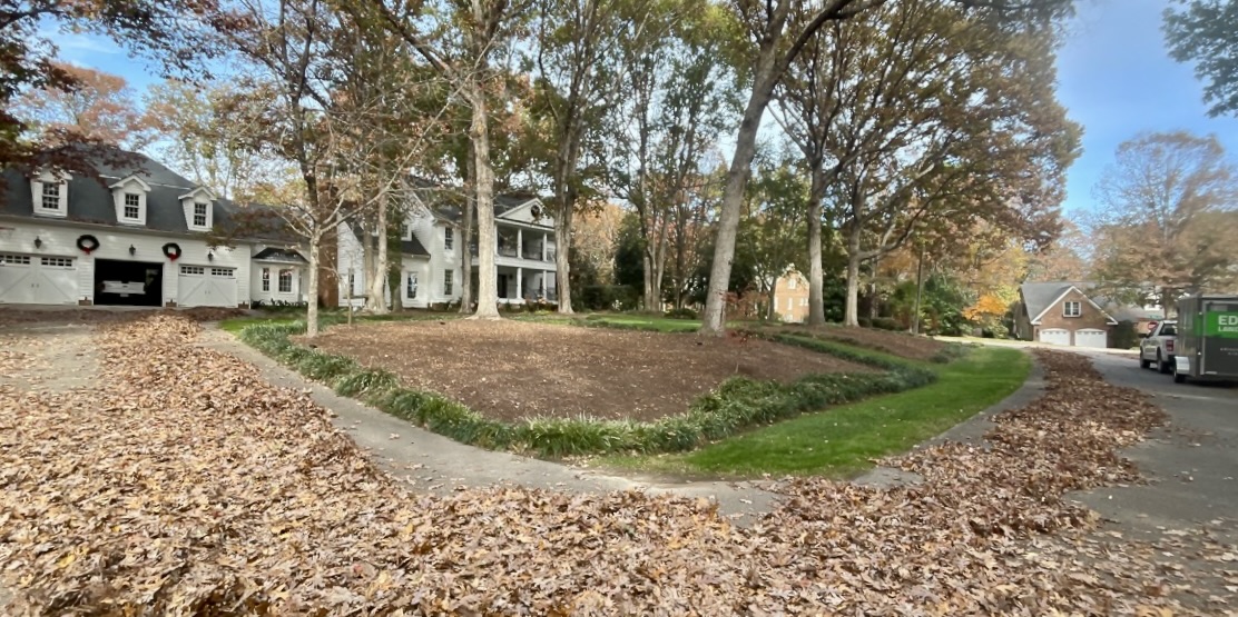 Leaves blown and piled along the driveway and curb of a residential yard.