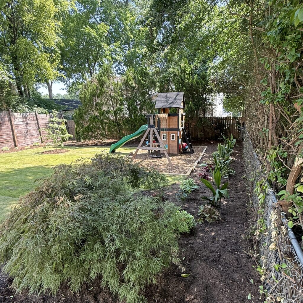After – Landscape bed and play area after mulch installation in a Raleigh, NC backyard